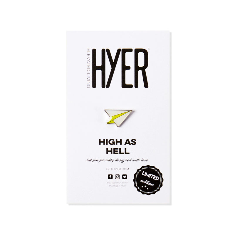 Front view of the HYER airplane pin with yellow accent details