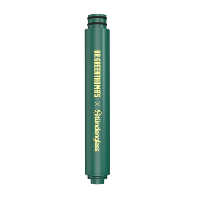 Dr. Greenthumb's glass mouthpiece stem showcasing its ergonomic design and custom engraving.
