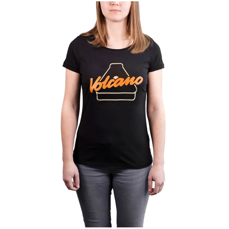 Front view of Volcano Vaporizer cotton T-shirt for women in black with orange design