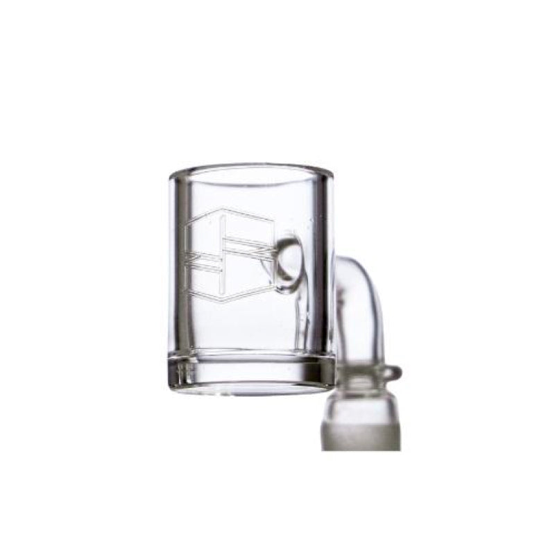 Side angle of flat bottom quartz banger on rig for dabbing
