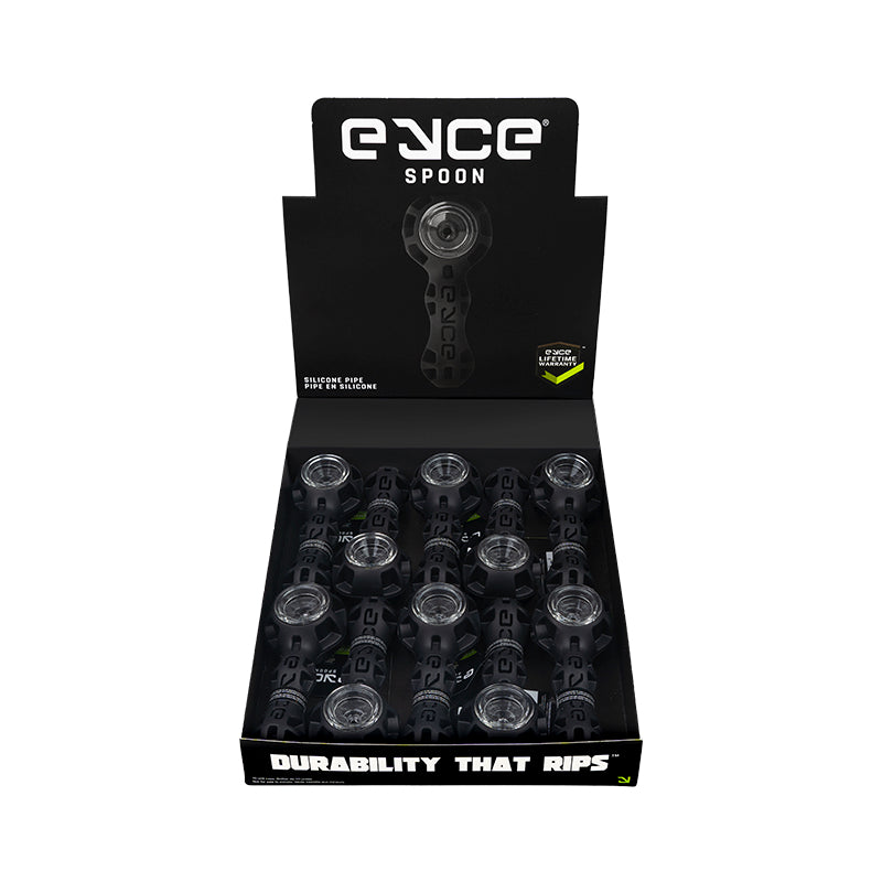 Close-up of the Eyce Spoon 10 Pack black glass spoon pipes showing the removable bowl