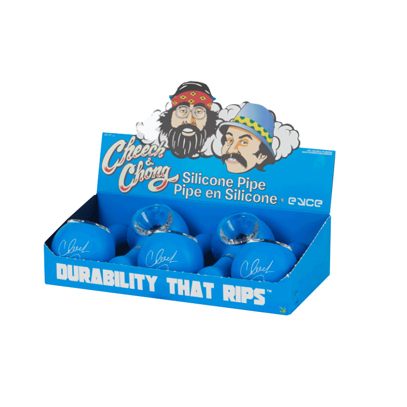 Close-up of Cheech & Chong silicone pipe highlighting its unique design and color.