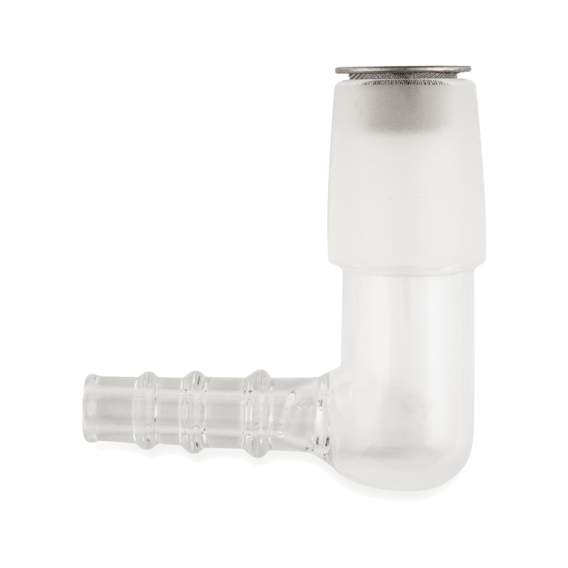 Close-up view of the Premium Glass Elbow Adapter for Arizer vaporizers showcasing its quality craftsmanship.