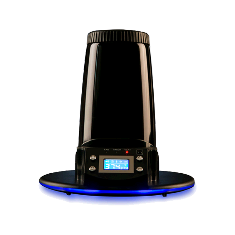 Front view of Arizer Extreme Q vaporizer with digital display and glass components