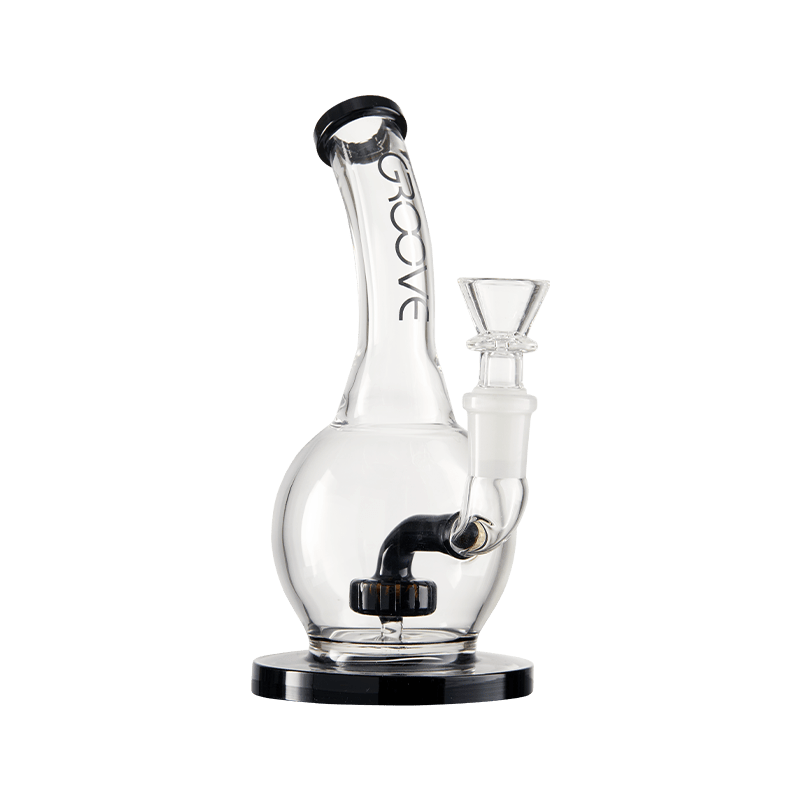 Groove 7 inch round bubbler showcasing its clear glass and black accents from a side view.