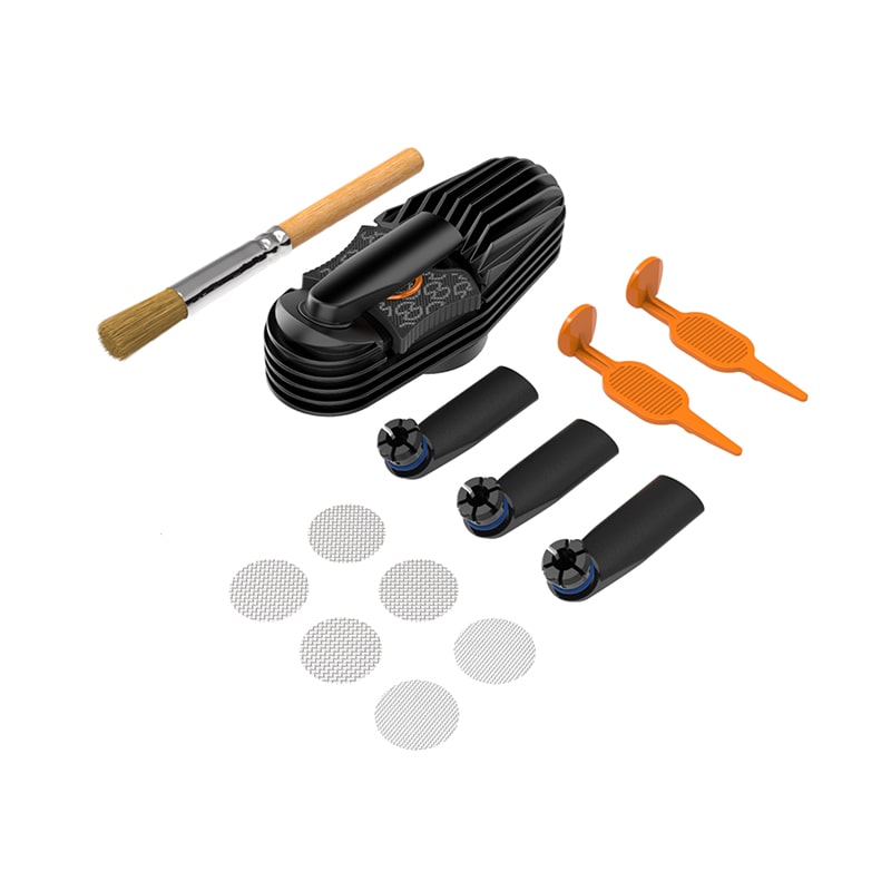 Mighty vaporizer essential parts set displayed on a table.