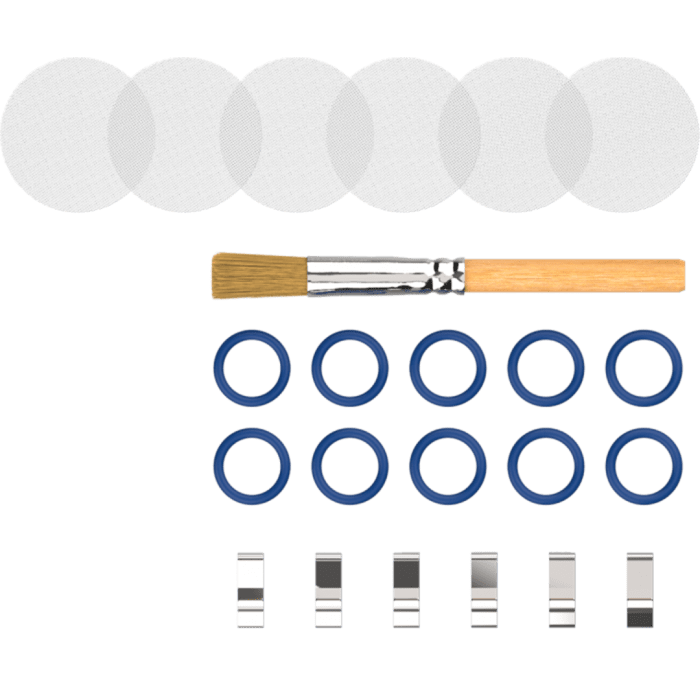 Close-up of Volcano vaporizer easy valve kit with replacement filters and cleaning tools